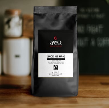 A bag of Roast & Ground's Fairtrade 'Pick Me Up' single origin coffee beans