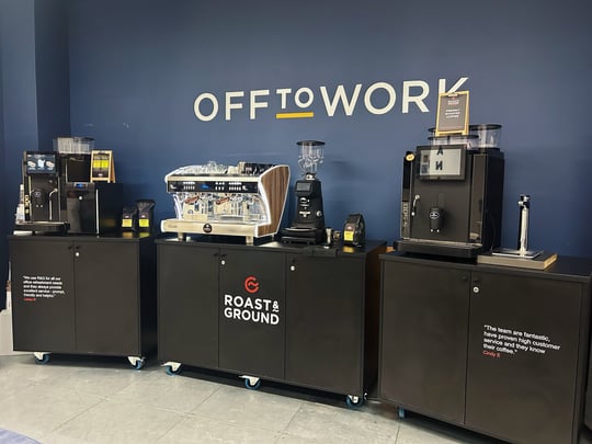 Roast & Ground showroom with 3 office coffee machines on display